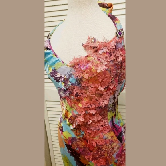 {Guillarmé Paris} 100% Silk Halter Gown.Lace/Beads - Picture 2 of 8